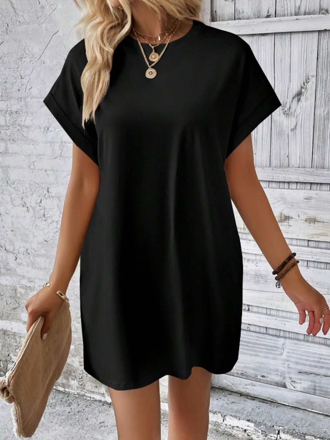 Pocketed Round Neck Short Sleeve Dress - store name
